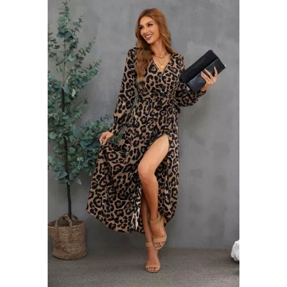 LAST ONE! Long Sleeve KYLIE Lepord Print Maxi Dress With Split - Picture 4 of 4